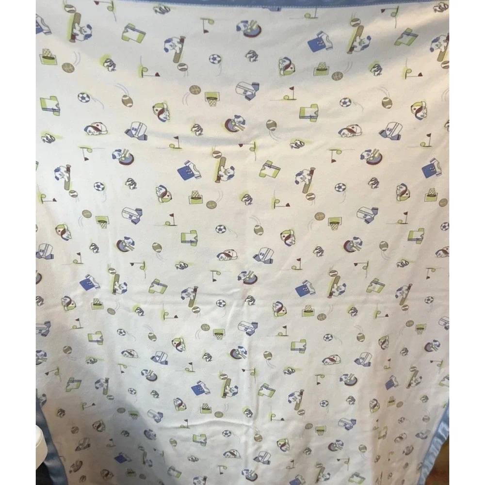 Baby Connection Puppy Dog Football Baseball Golf Satin Trim Blue Blanket HTF